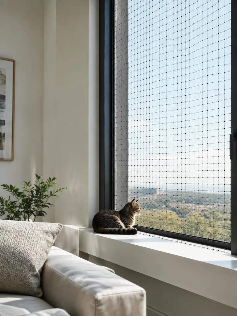 Gato observando o exterior por janela com rede de proteção
