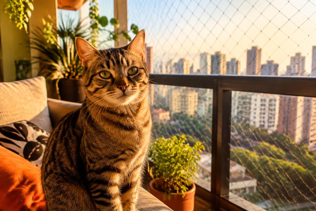 Gato em sacada residencial protegida por rede de proteção
